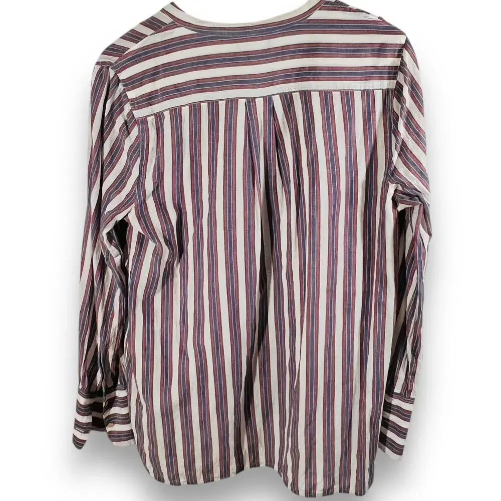 J.Crew Striped Popover Blouse 12 Split Neck Tunic Red Blue Cotton Shirt